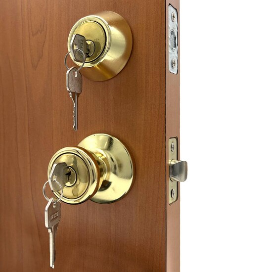 Entry Lock & Deadbolt Combo 44535 | MFS Supply - 3/4 View Outside of Door with Keys